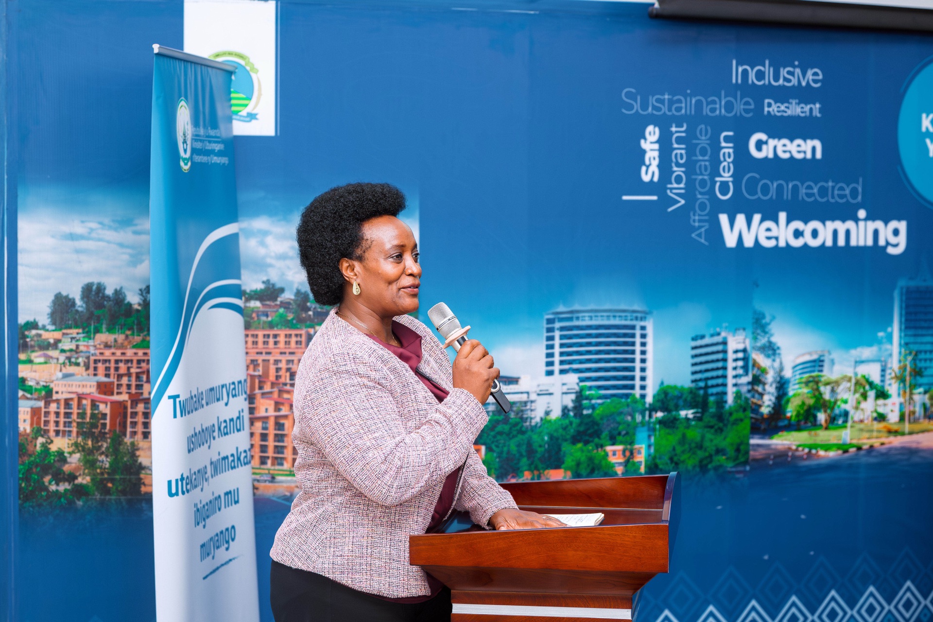 Speaking at a podium
